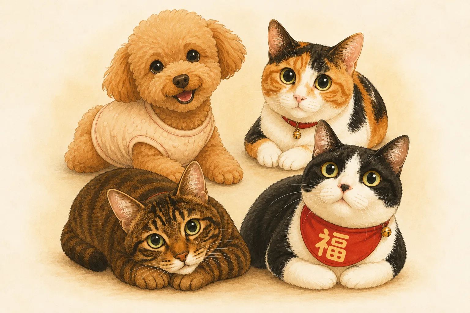 四隻毛孩的手繪插畫:紅棕色貴賓犬 Kiki、虎斑貓西西、戴紅色「福」字領巾的黑白賓士貓小小,以及三花貓渺渺,在暖奶油色底上依偎